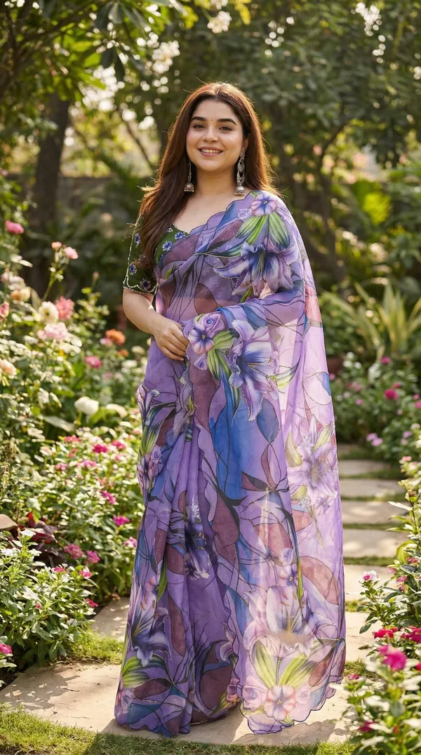 Lavender_Wine_Floral_Georgette_Saree_With_Delicate_Hand_Work_&_Blouse_Piece
