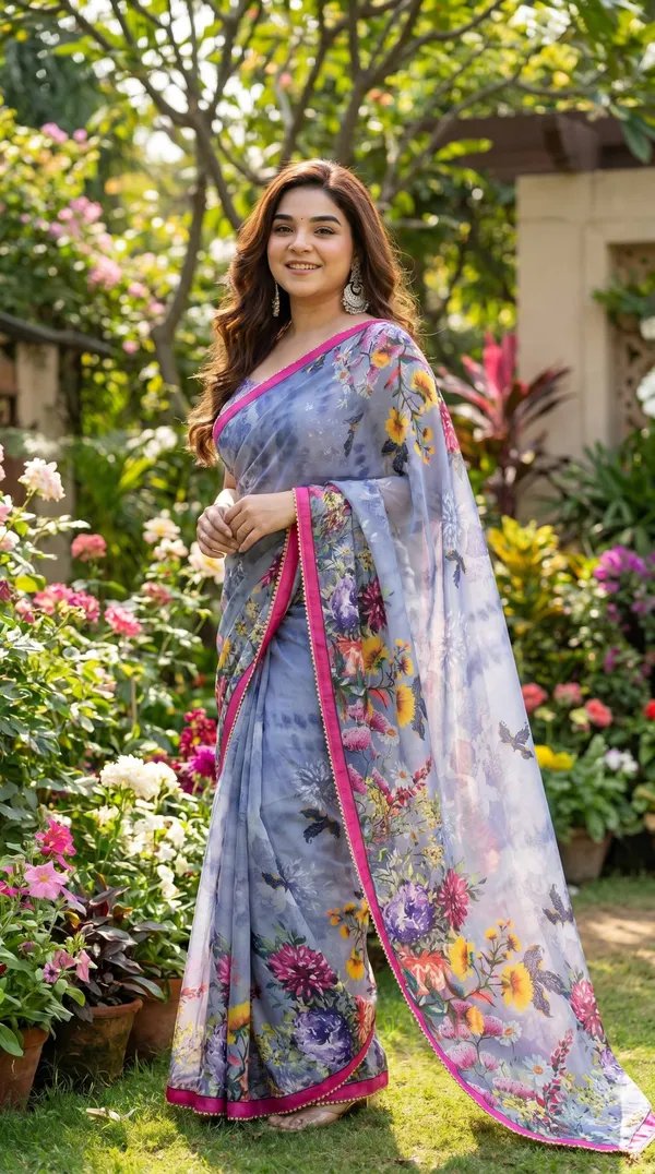 Slate_Grey_Floral_Georgette_Saree_With_Heavy_Border_&_Blouse_Piece