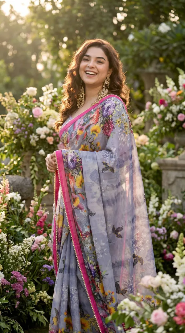 Slate_Grey_Floral_Georgette_Saree_With_Heavy_Border_&_Blouse_Piece
