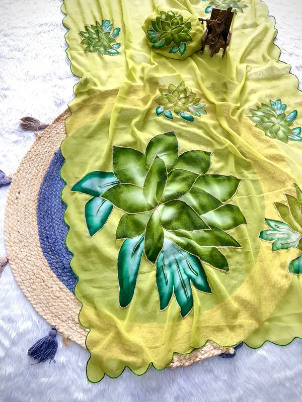 Lime_Green_Georgette_Saree_With_Delicate_Hand_Work_&_Blouse_Piece