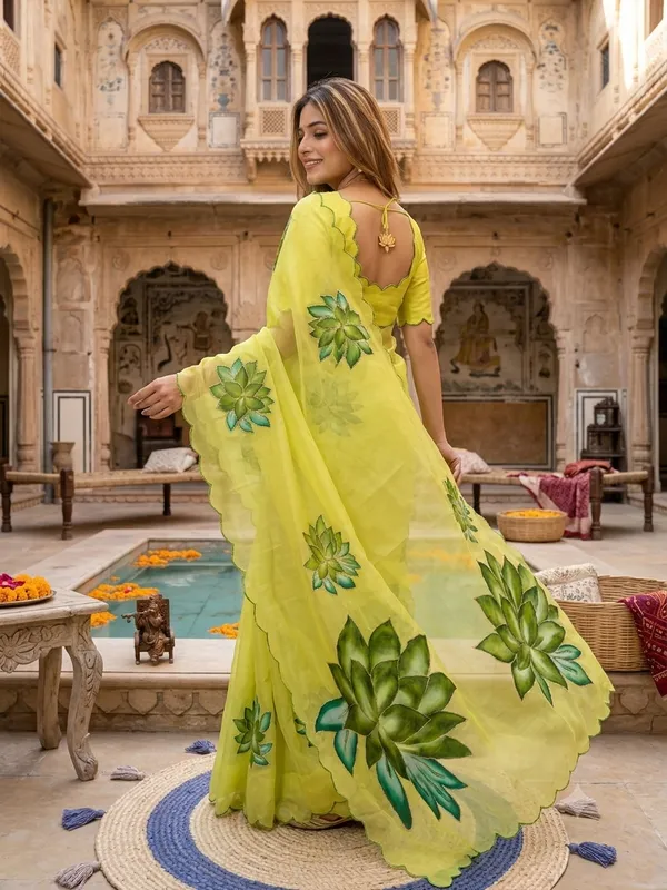 Lime_Green_Georgette_Saree_With_Delicate_Hand_Work_&_Blouse_Piece