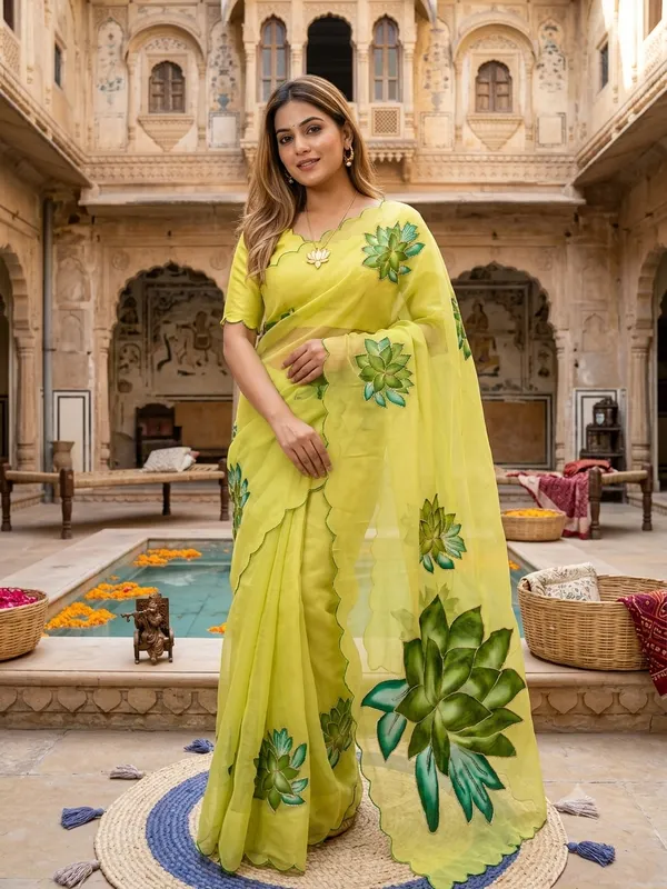Lime_Green_Georgette_Saree_With_Delicate_Hand_Work_&_Blouse_Piece