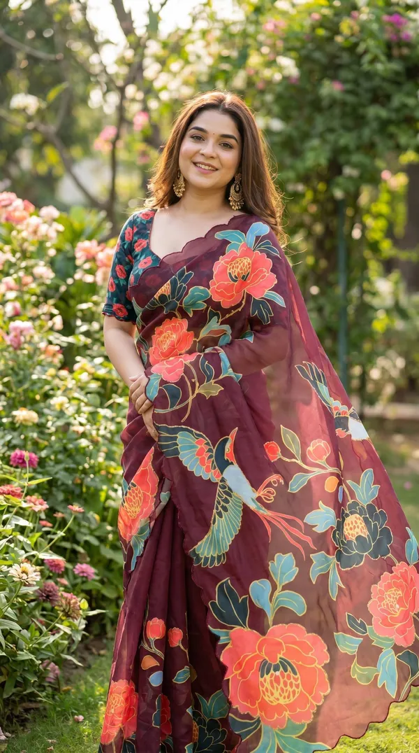 Maroon_Floral_Georgette_Saree_With_Delicate_Hand_Work_&_Blouse_Piece