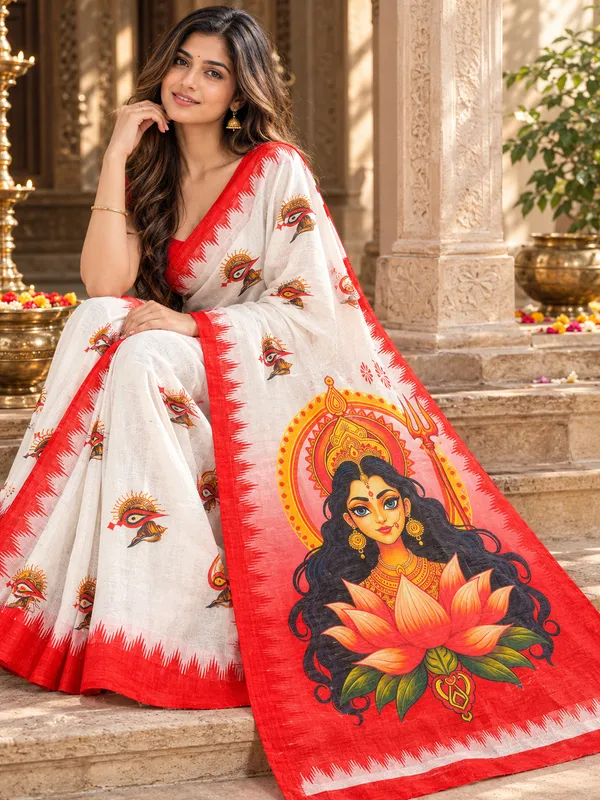 Maa_Durga_Digital_Print_Chanderi_Cotton_Saree_with_Blouse_Piece