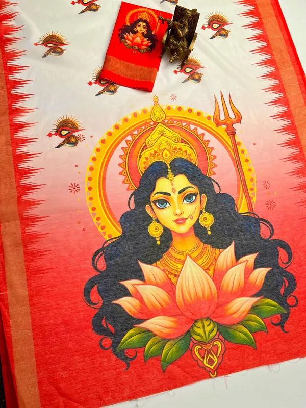 Maa_Durga_Digital_Print_Chanderi_Cotton_Saree_with_Blouse_Piece