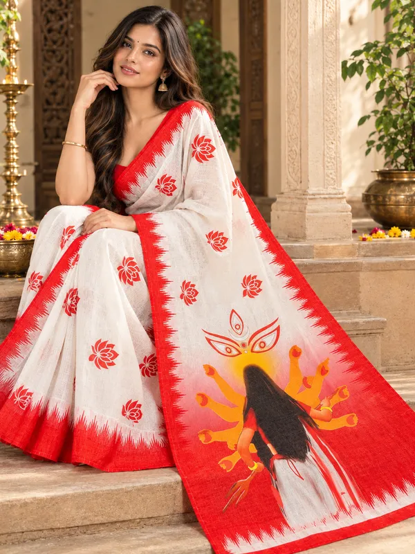 Maa_Durga_Digital_Print_Chanderi_Cotton_Saree_with_Blouse_Piece