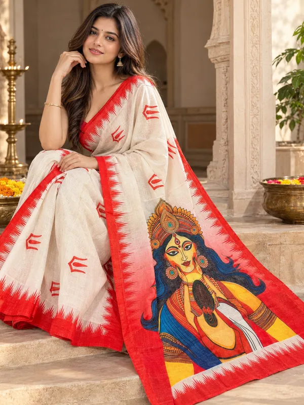Maa_Durga_Digital_Print_Chanderi_Cotton_Saree_with_Blouse_Piece