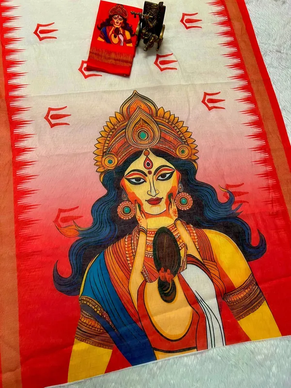 Maa_Durga_Digital_Print_Chanderi_Cotton_Saree_with_Blouse_Piece