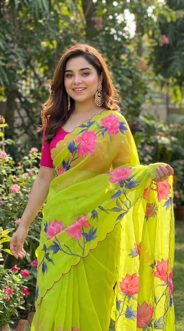 Lime_Green_Floral_Georgette_Saree_With_Delicate_Hand_Work_&_Blouse_Piece