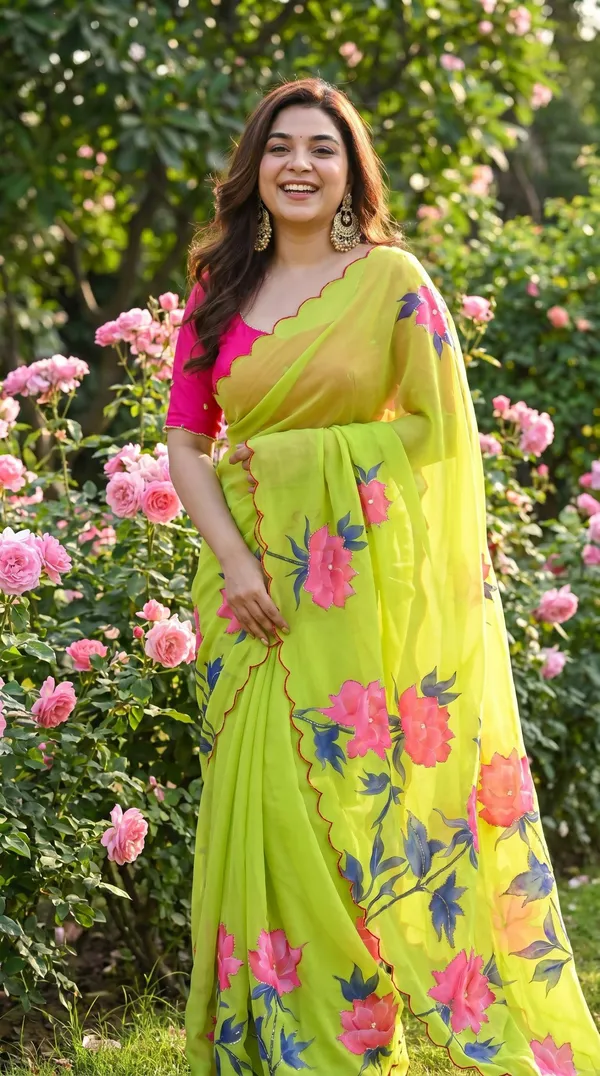 Lime_Green_Floral_Georgette_Saree_With_Delicate_Hand_Work_&_Blouse_Piece