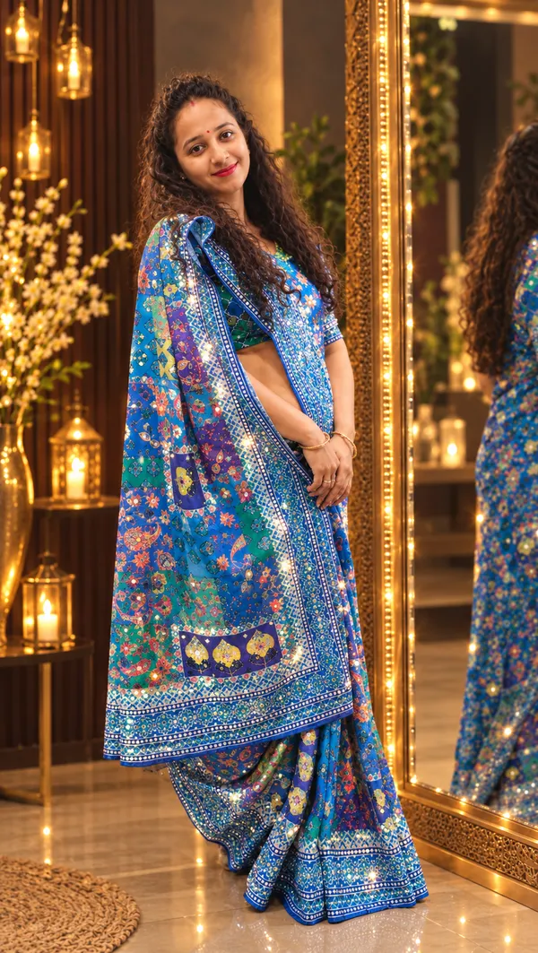 Peacock_Patchwork_Chinnon_Silk_Saree_with_Hand_work_&_Blouse_Piece
