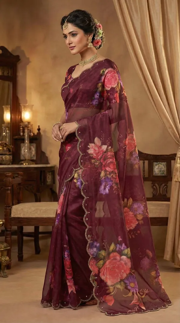 Maroon_Georgette_Floral_Print_Hand_Work_Saree_With_Heavy_Border_&_Blouse_Piece