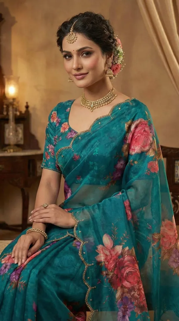 Teal_Blue_Georgette_Floral_Print_Hand_Work_Saree_With_Heavy_Border_&_Blouse_Piece