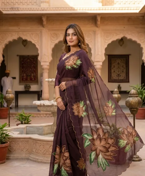 Bronze_Brown_Georgette_Saree_With_Delicate_Hand_Work_&_Blouse_Piece