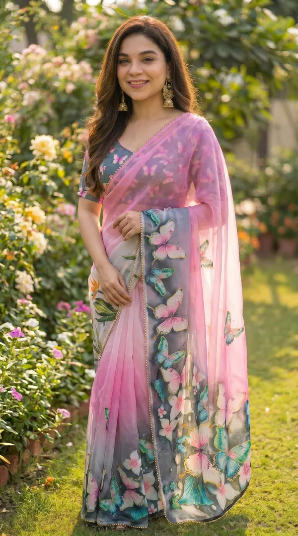 Pink_And_Slate_Grey_Butterfly_Print_Georgette_Saree_With_Pearl_Border_&_Blouse_Piece