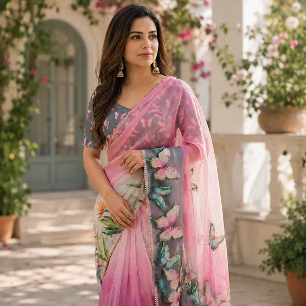 Pink_And_Slate_Grey_Butterfly_Print_Georgette_Saree_With_Pearl_Border_&_Blouse_Piece