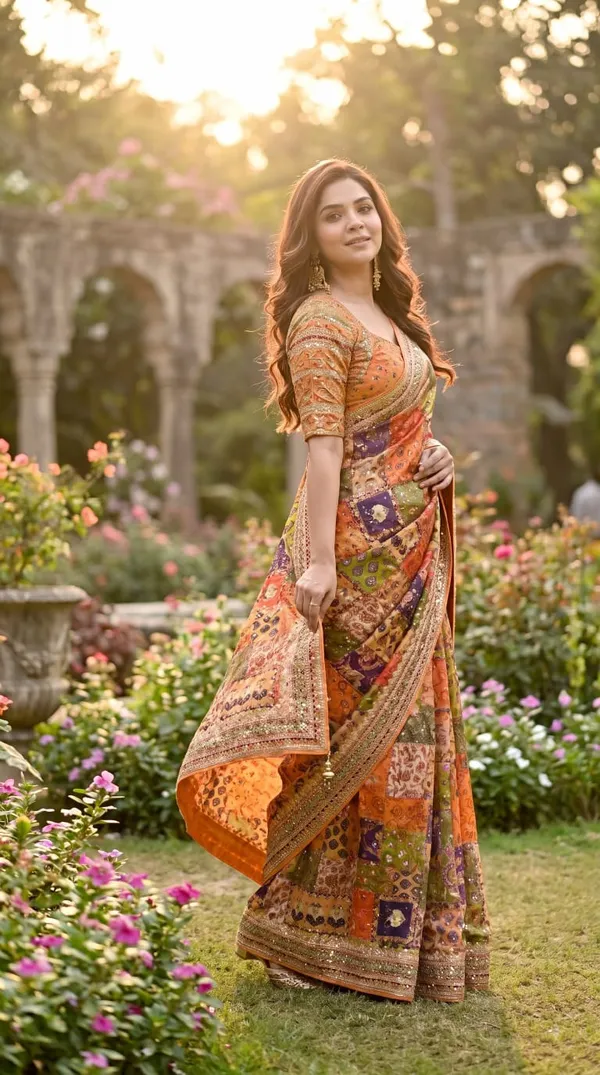 Rangeeli_Patchwork_Mirror_Chinnon_Silk_Saree_with_Hand_work_&_Blouse_Piece