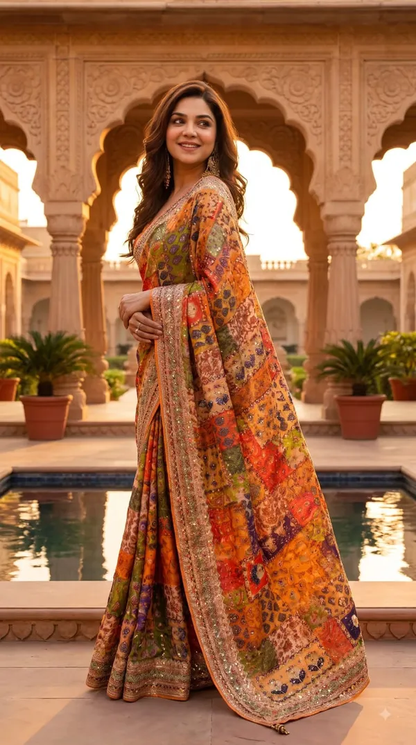 Rangeeli_Patchwork_Mirror_Chinnon_Silk_Saree_with_Hand_work_&_Blouse_Piece
