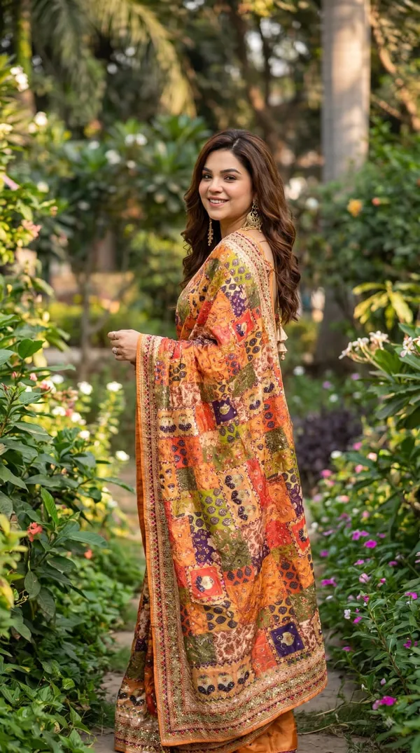 Rangeeli_Patchwork_Mirror_Chinnon_Silk_Saree_with_Hand_work_&_Blouse_Piece