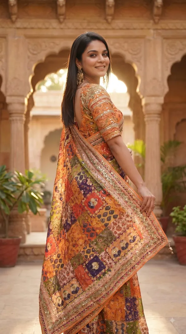 Rangeeli_Patchwork_Mirror_Chinnon_Silk_Saree_with_Hand_work_&_Blouse_Piece