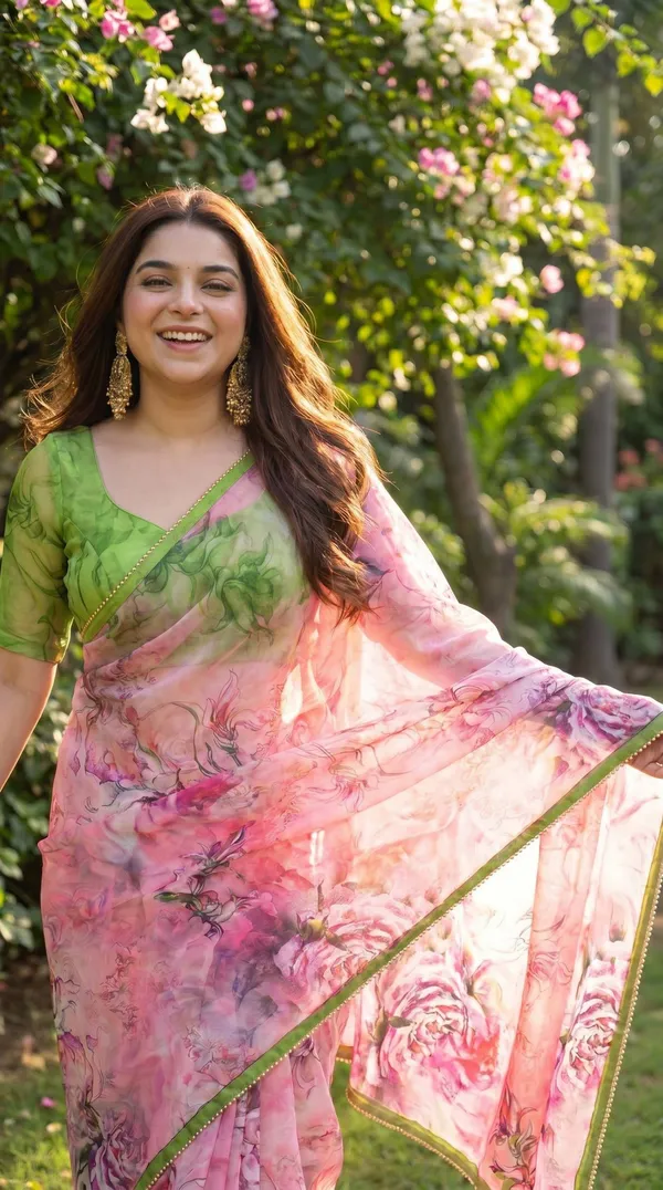 Blush_Pink_And_Green_Floral_Georgette_Saree_With_Heavy_Border_&_Blouse_Piece