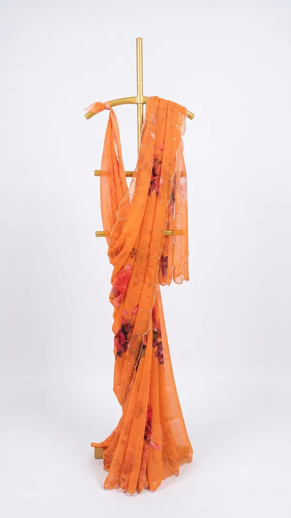 Orange_Georgette_Floral_Print_Hand_Work_Saree_With_Heavy_Border_&_Blouse_Piece