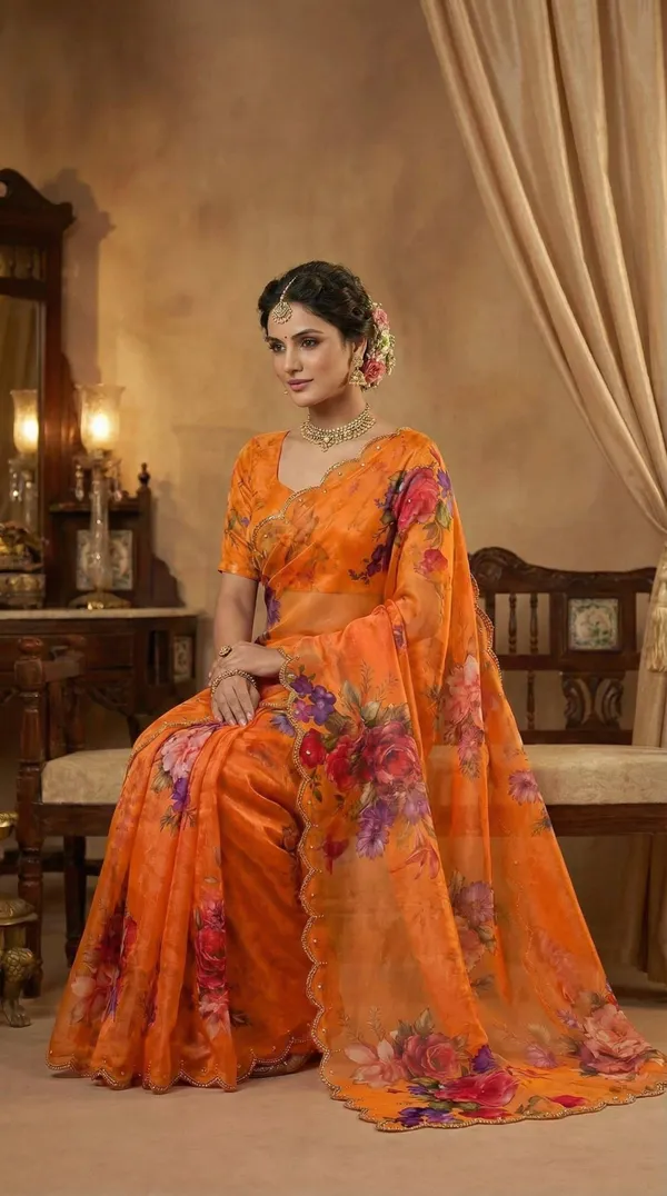 Orange_Georgette_Floral_Print_Hand_Work_Saree_With_Heavy_Border_&_Blouse_Piece