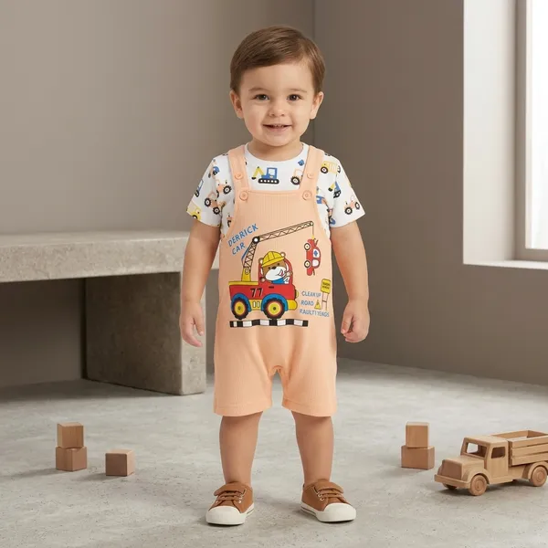 Peach_Ribbed_Construction_Print_Dungaree_Set_For_Boys