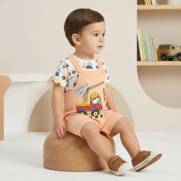 Peach_Ribbed_Construction_Print_Dungaree_Set_For_Boys