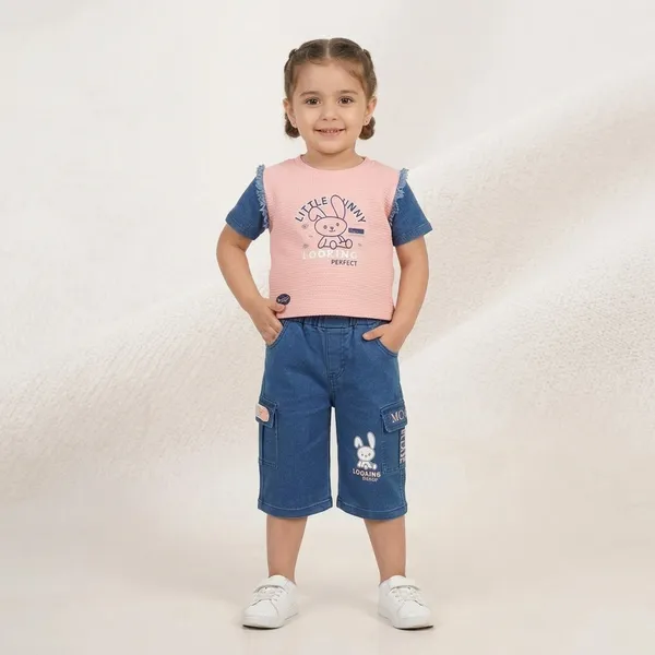 Pink_Blue_Cotton_Ribbed_And_Denim_Shorts_Set_For_Kids