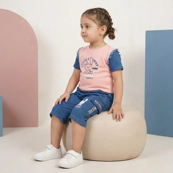 Pink_Blue_Cotton_Ribbed_And_Denim_Shorts_Set_For_Kids