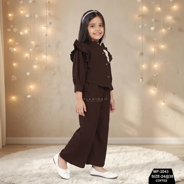 Coffee_Brown_Ruffled_Sleeve_Top_And_Palazzo_Set_For_Girls