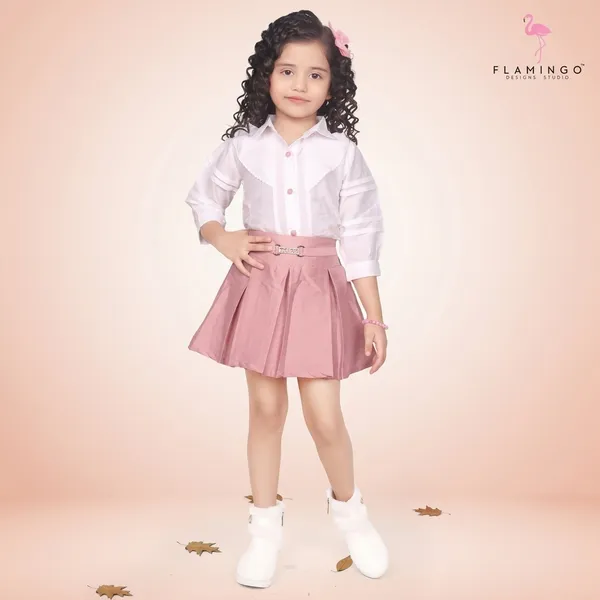 Peach_Pink_White_Pleated_Skirt_Shirt_Set_For_Girls