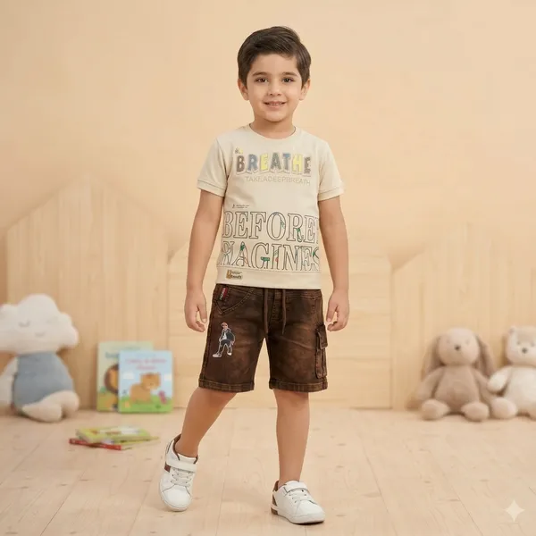 Cream_Brown_Cotton_Graphic_Print_T_Shirt_Shorts_Set_For_Boys