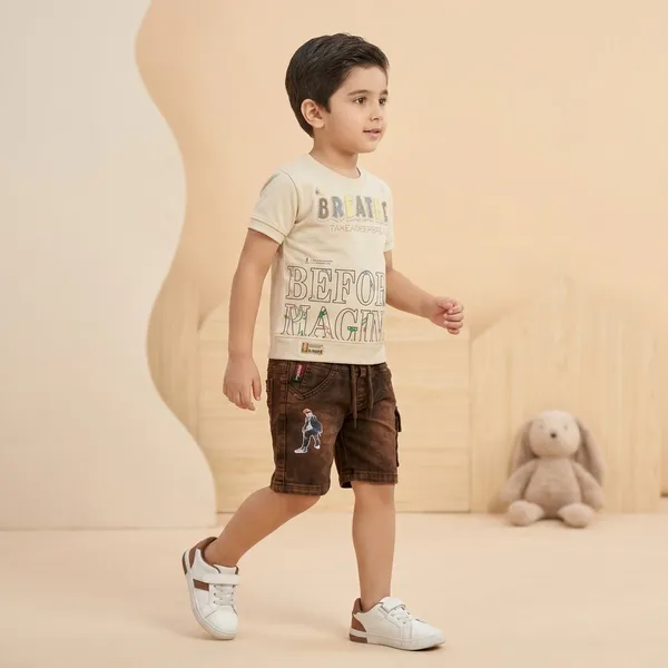Cream_Brown_Cotton_Graphic_Print_T_Shirt_Shorts_Set_For_Boys