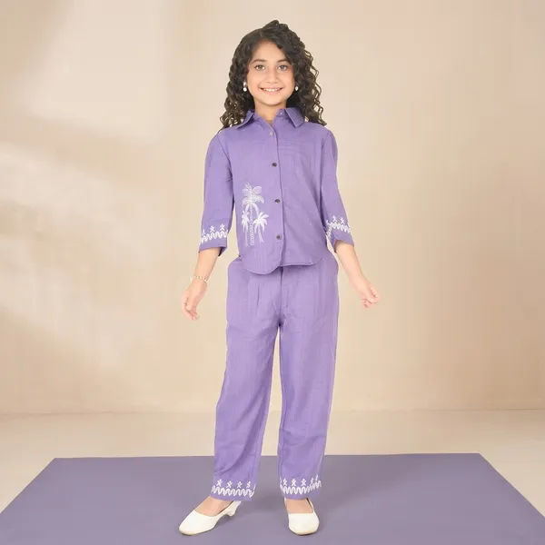 Purple_Cotton_Palm_Tree_Embroidered_Shirt_Pant_Set_For_Girls