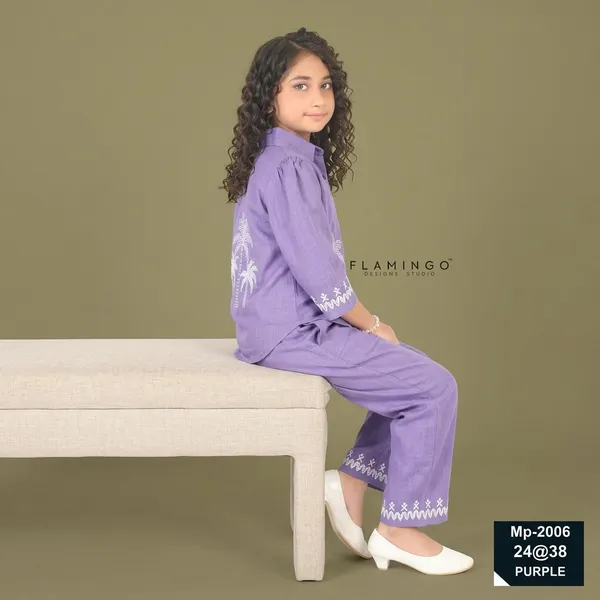 Purple_Cotton_Palm_Tree_Embroidered_Shirt_Pant_Set_For_Girls