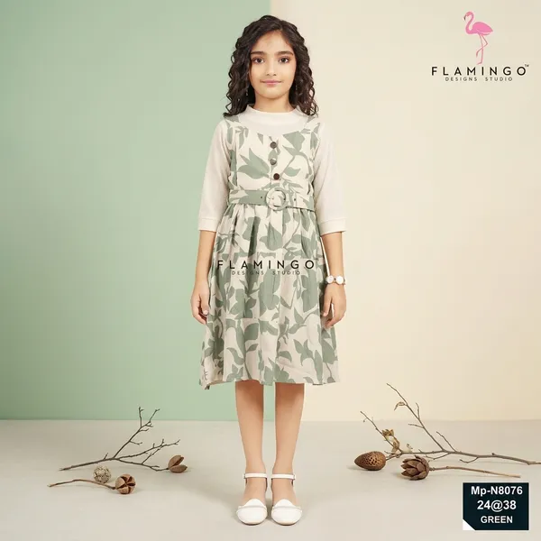Green_Leaf_Print_Sleeveless_Belted_Dress_For_Girls