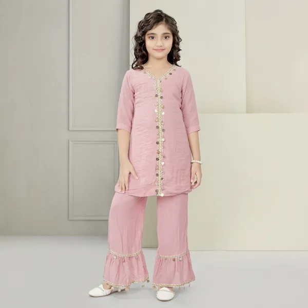Peach_Embroidered_Relaxed_Kurta_Palazzo_Set_For_Girls