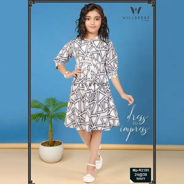 Navy_Geometric_Print_Collared_A_Line_Dress_For_Girls