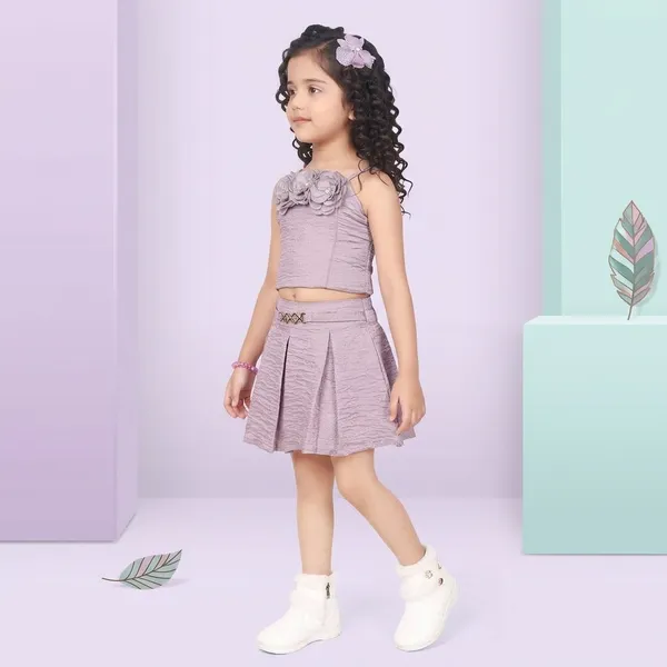 Lavender_Textured_Floral_Crop_Top_And_Skirt_Co_Ord_Set_For_Girls