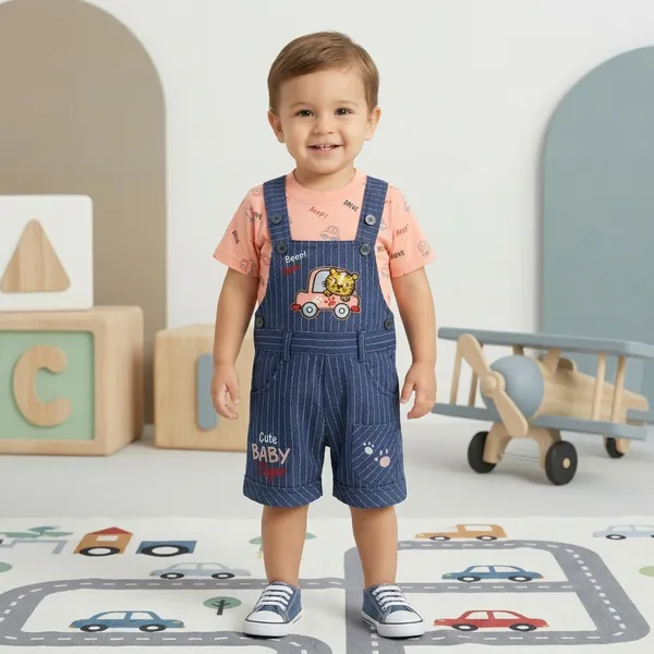 Blue_Denim_And_Peach_Cotton_Dungaree_Set_For_Boys