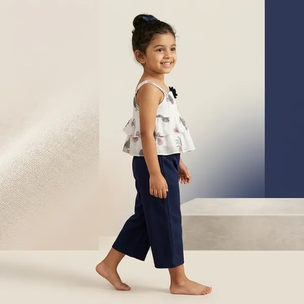 White_Navy_Blue_Floral_Print_Sleeveless_Top_Pant_Set_For_Girls