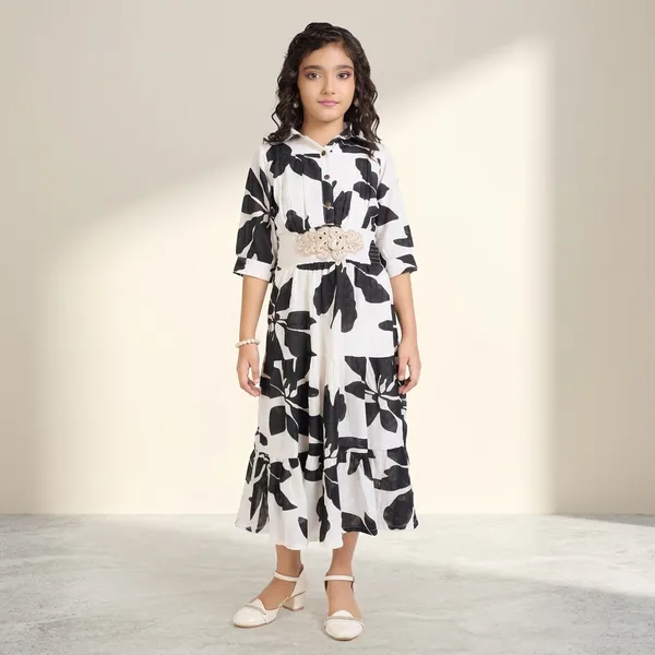 Black_White_Floral_Print_Relaxed_Maxi_Dress_For_Girls