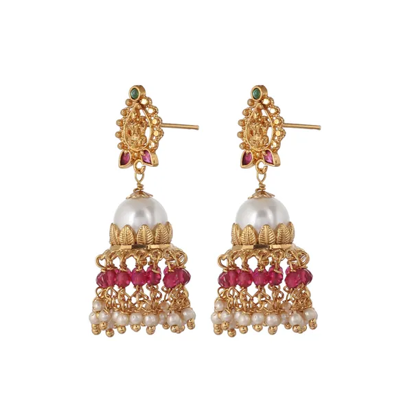 Pearl_&_Lakshmi_Jhumka_Earrings_Brass_Based_Micro_Gold_Plated
