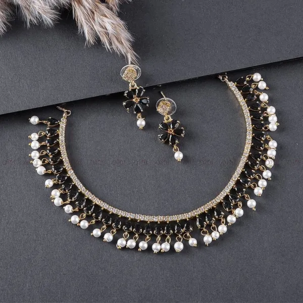 Gold_Plated_Black_Stone_Pearl_Drop_AD_Choker_Necklace_Set