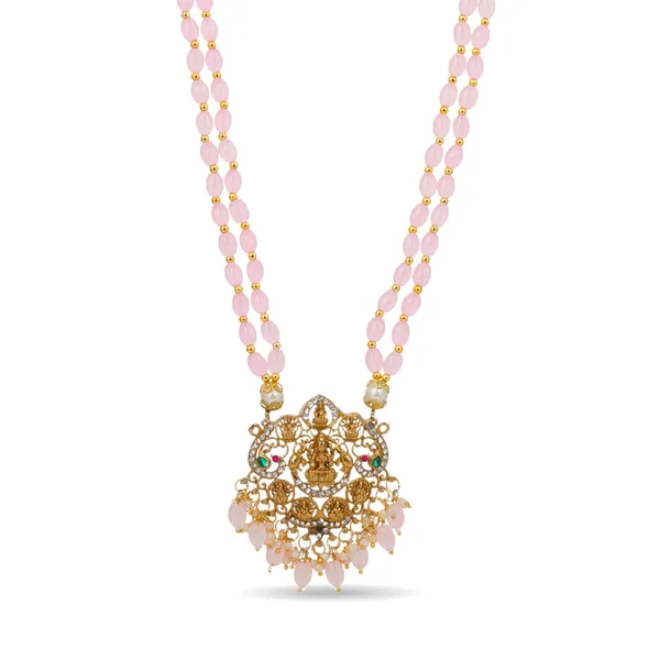 Pastel_Pink_Beaded_Double_Strand_Long_Necklace_With_Gold_Plated_Lakshmi_Pendant_For_Women