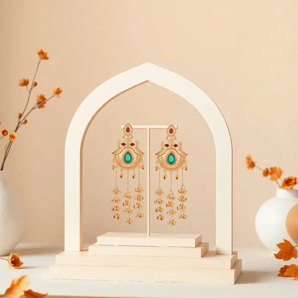 Gold_Toned_Emerald_Red_Stone_Chandbali_Earrings_With_Jhumka_Drops