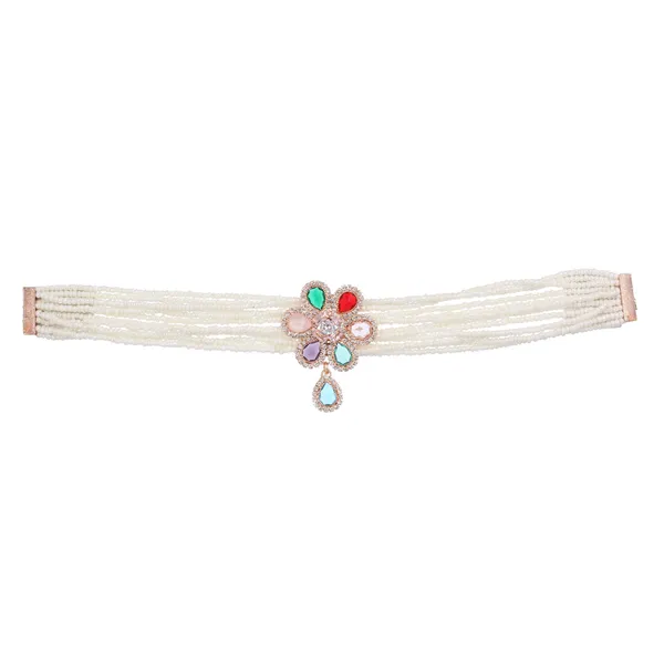 White_Pearl_Multi_Stone_Floral_Choker_Necklace_Set_For_Women