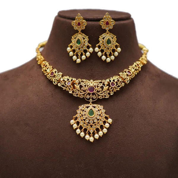 Gold_Plated_Pink_Green_Kundan_Pearl_Necklace_Set_For_Women